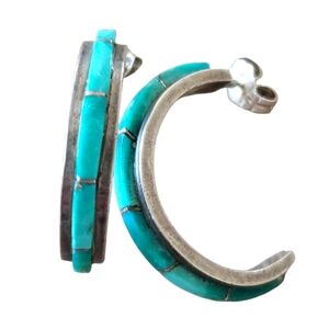 Vintage Native Turquoise and Silver C Hoop Earrings